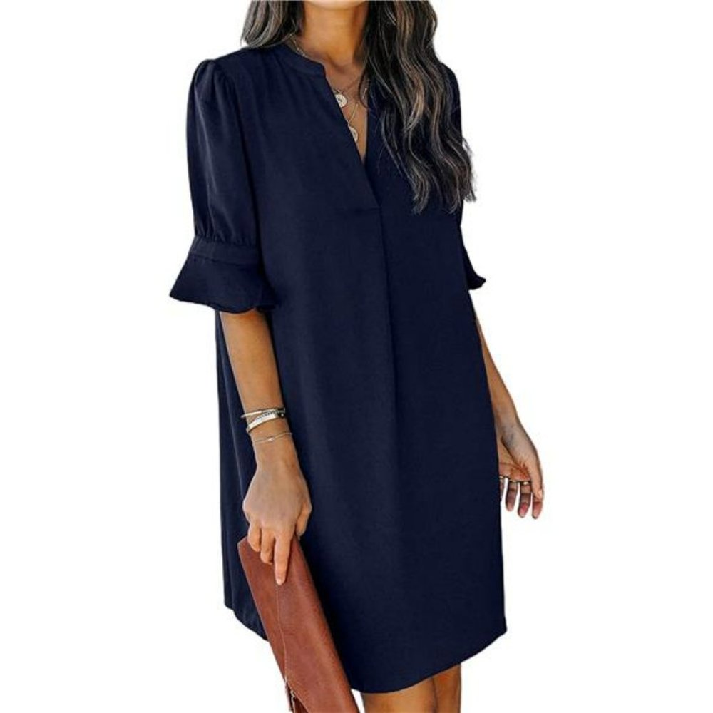 Womens V Neck Ruffle Short Sleeve Simple Solid Color Casual Summer Dress